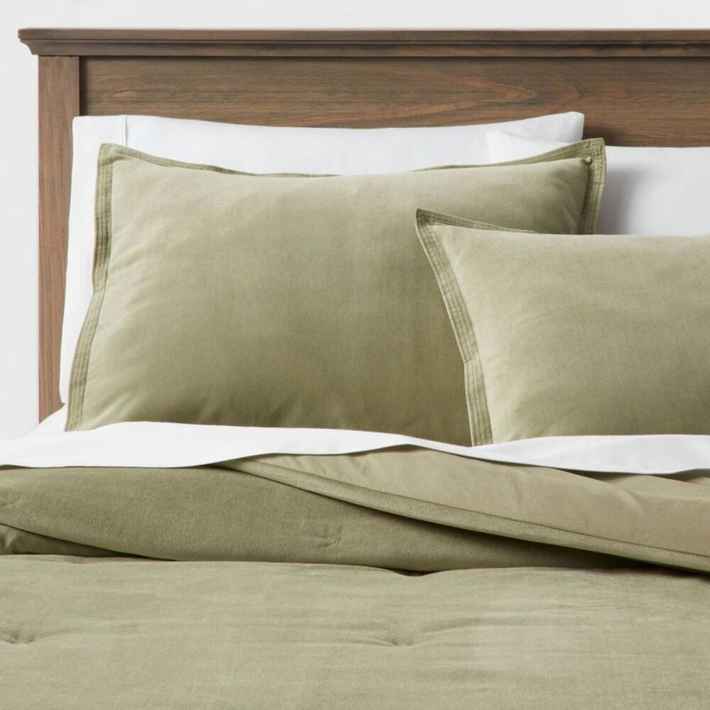 Full/Queen Luxurious Cotton Velvet Comforter Set - Solid Dark Green
